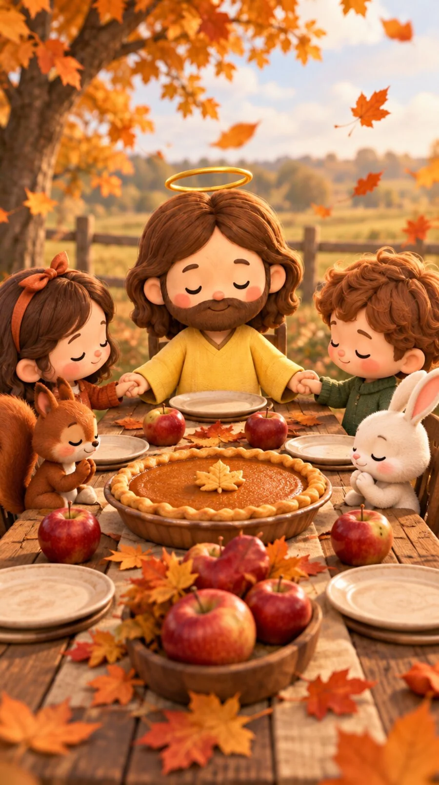 Little Jesus giving thanks at an autumn table with children and animal friends