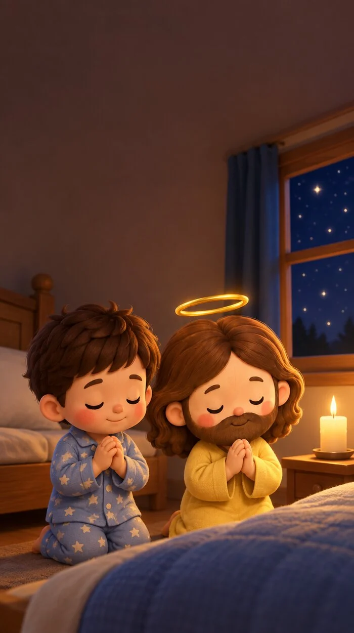 Little Jesus praying with a child at bedtime