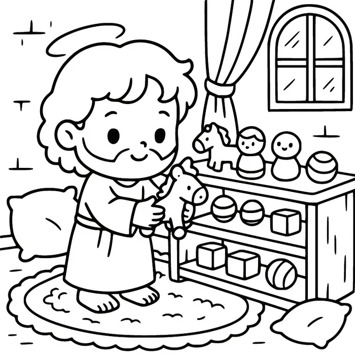 Little Jesus reading in a cozy room, coloring page