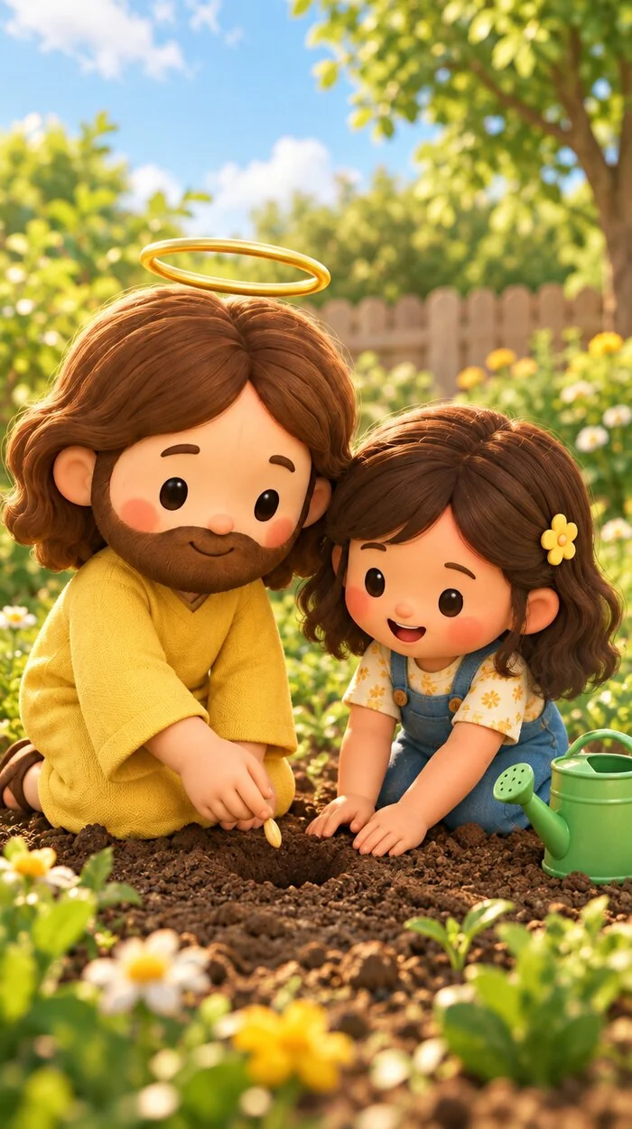 Little Jesus and a girl with a giant sunflower
