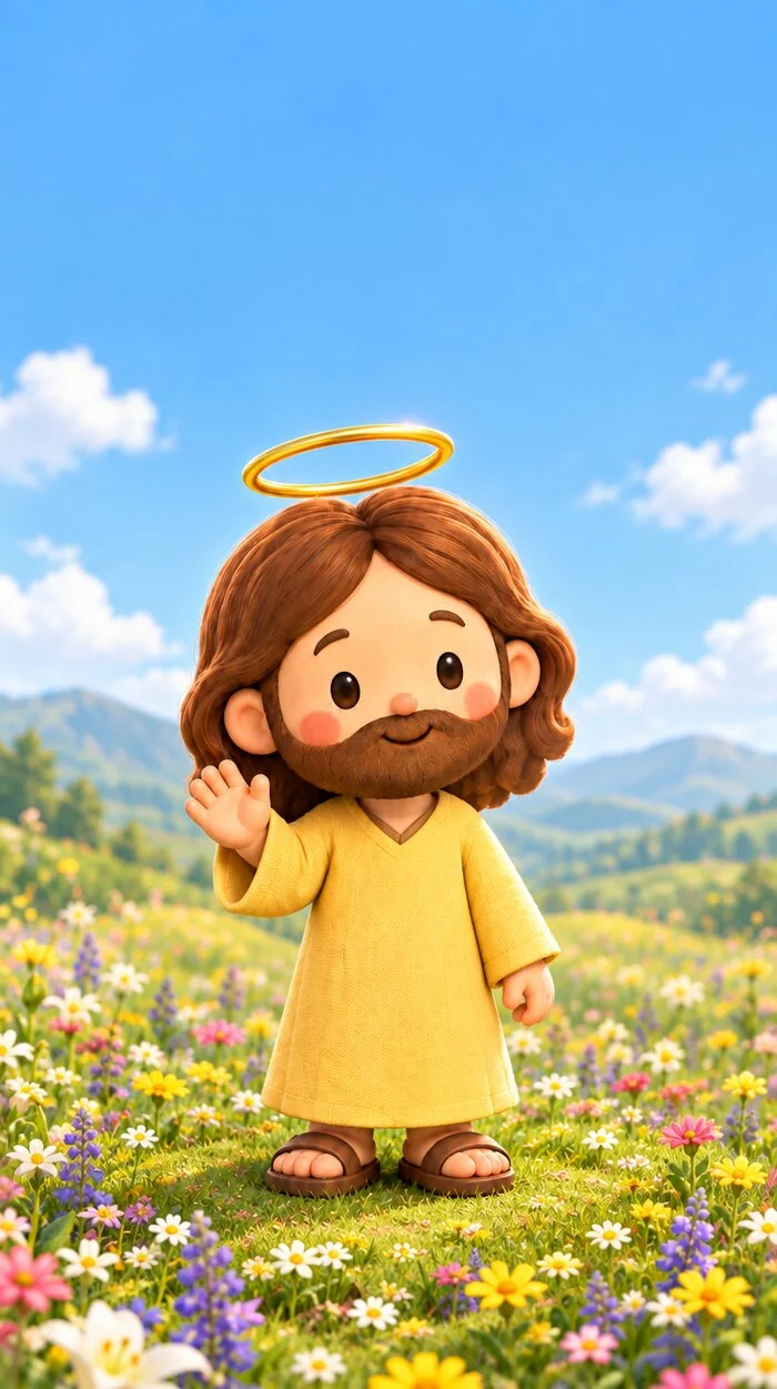 Little Jesus waving in a flower meadow