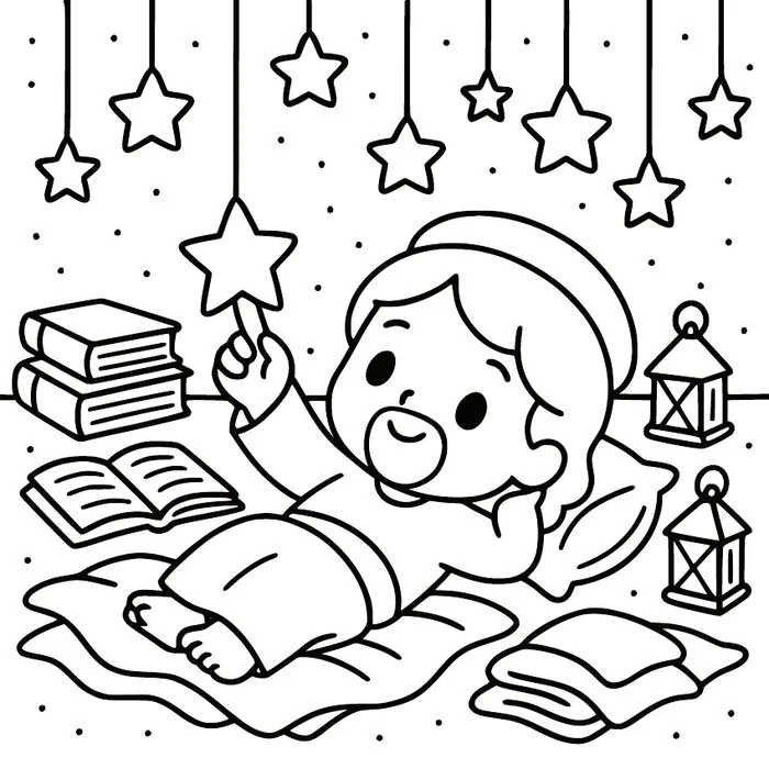 Little Jesus watering flowers, coloring page